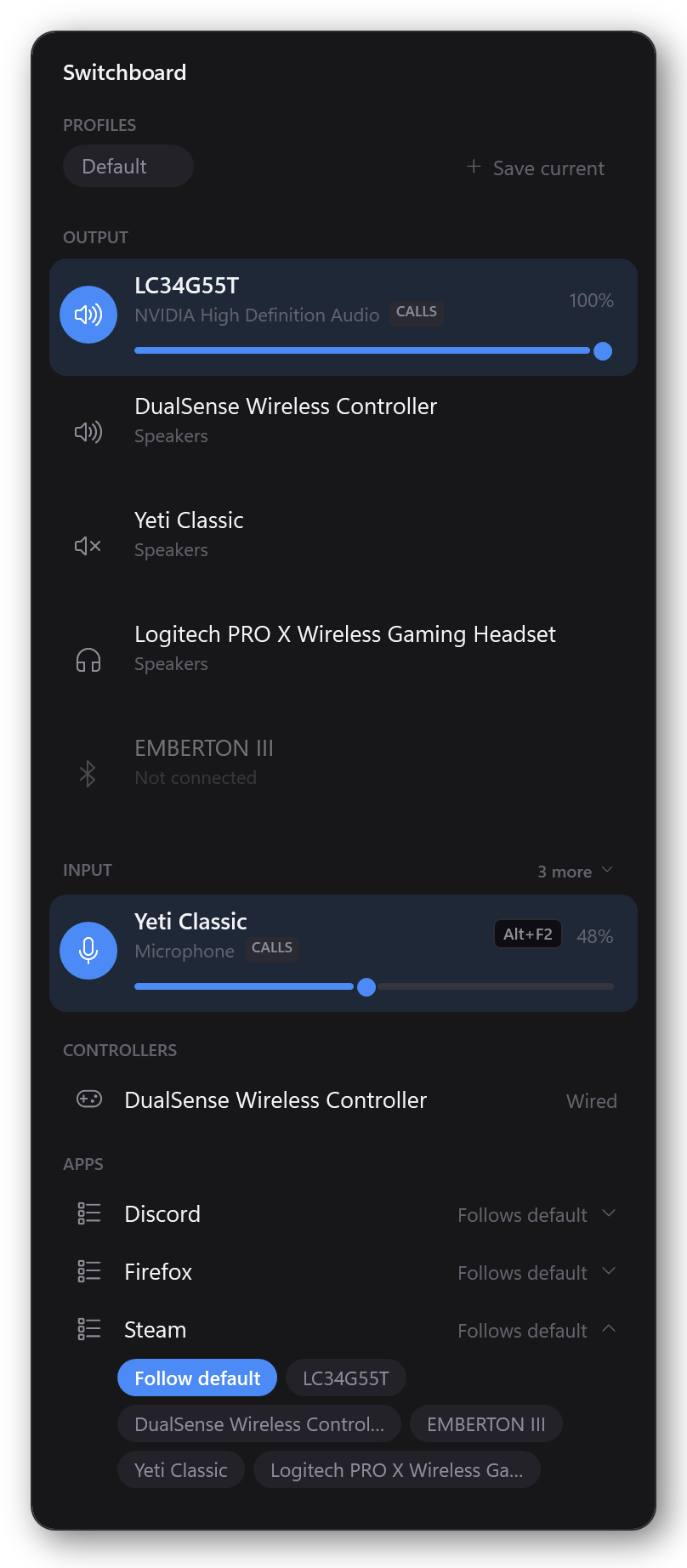 An app row expanded, showing the device chips its audio can be sent to.