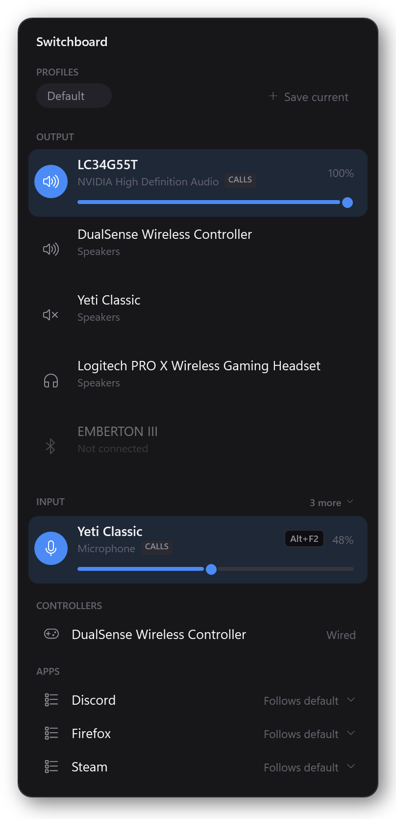 The Switchboard flyout, showing output devices, a microphone, a controller and per-app routing.