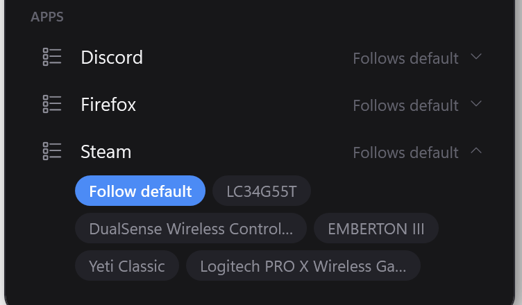The Steam row expanded, showing device chips with 'Follow default' currently selected in blue.