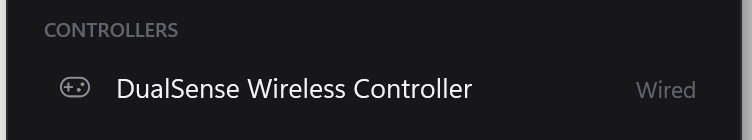 The CONTROLLERS section showing a DualSense Wireless Controller marked 'Wired'.