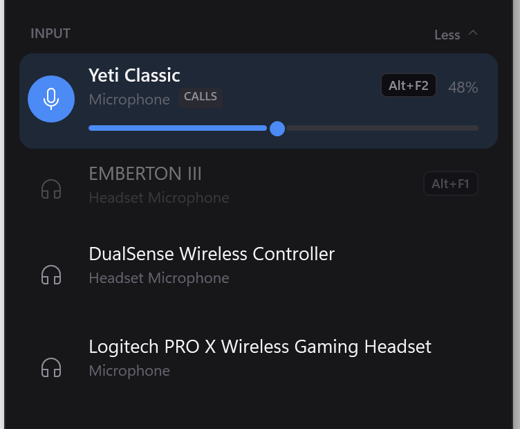 The INPUT section expanded, showing four microphones.
